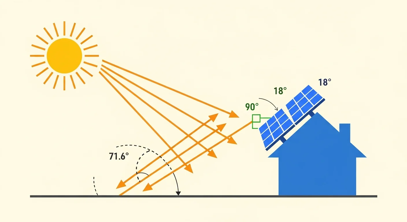 Sơ đồ nguyên lý góc nghiêng pin mặt trời — tia nắng vuông góc 90° với pin nghiêng 18° tại Hà Tĩnh